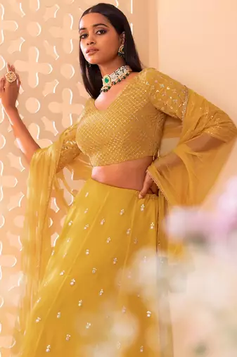 Fantastic Yellow Embroidered Georgette Festive Wear Wedding Lehenga Choli Set