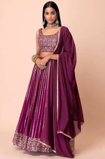 Marvelous Wine Sequins Embroidered Georgette Wedding Wear Indian Lehenga Dress Designs