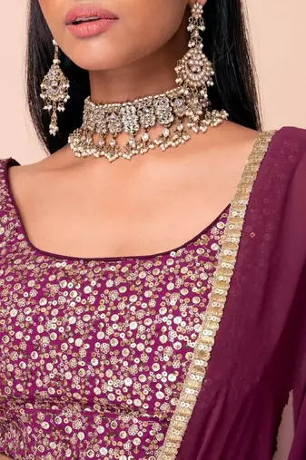 Marvelous Wine Sequins Embroidered Georgette Wedding Wear Indian Lehenga Dress Designs