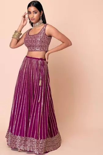 Marvelous Wine Sequins Embroidered Georgette Wedding Wear Indian Lehenga Dress Designs