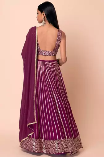 Marvelous Wine Sequins Embroidered Georgette Wedding Wear Indian Lehenga Dress Designs