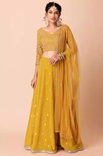 Fantastic Yellow Embroidered Georgette Festive Wear Ethnic Lehenga Choli Set