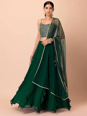  Green Georgette Party Wear Lehenga With Sequins Choli 1