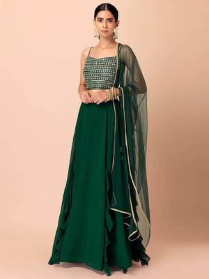  Green Georgette Party Wear Lehenga With Sequins Choli 3