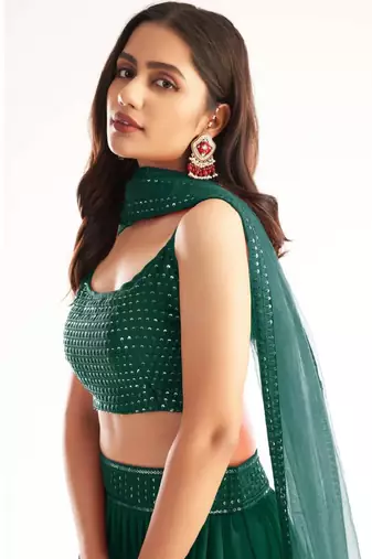  Green Georgette Bridesmaid Wear Indian Lehenga Dress With Sequins Choli