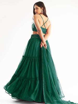  Green Georgette Bridesmaid Wear Indian Lehenga Dress With Sequins Choli 3