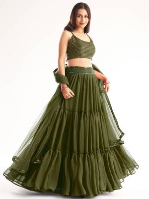 Mehendi Green Colored Georgette Mehendi Ceremony Wear Indian Wedding Lehenga Dress 1