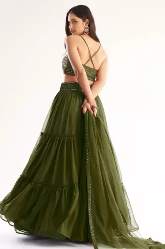 Mehendi Green Colored Georgette Mehendi Ceremony Wear Indian Wedding Lehenga Dress