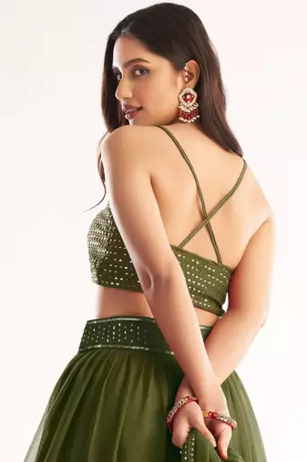 Mehendi Green Colored Georgette Mehendi Ceremony Wear Indian Wedding Lehenga Dress