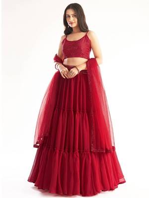 Red Georgette Embroidered Lehenga Set 1