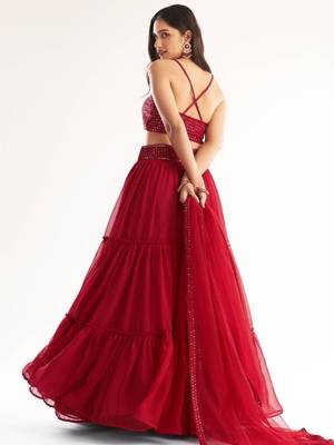 Red Georgette Embroidered Lehenga Set 3