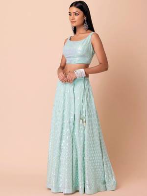 Sky-Blue Sequins Embroidered Georgette Wedding Wear Indian Lehenga Designs 2