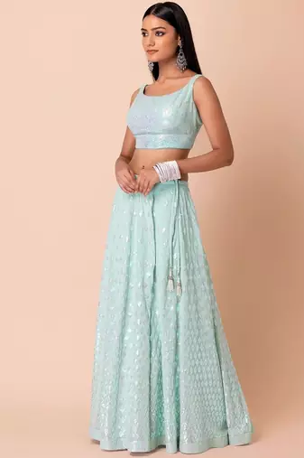 Sky-Blue Sequins Embroidered Georgette Wedding Wear Indian Lehenga Designs