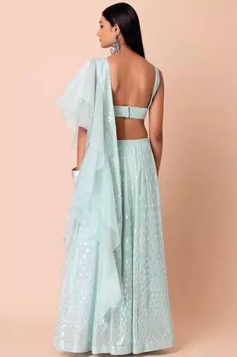Sky-Blue Sequins Embroidered Georgette Wedding Wear Indian Lehenga Designs