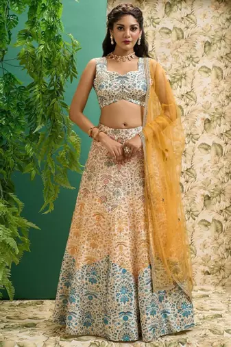  Off White Printed Art Silk Wedding Lehenga Choli With Dupatta