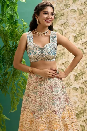  Off White Printed Art Silk Wedding Lehenga Choli With Dupatta