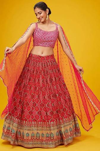 Fascinating Red Sequins Embroidered Georgette Designer Wedding Wear Indian Lehenga Dress