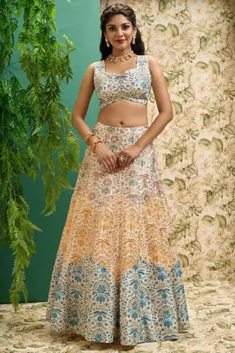  Off White Printed Art Silk Wedding Lehenga Choli With Dupatta