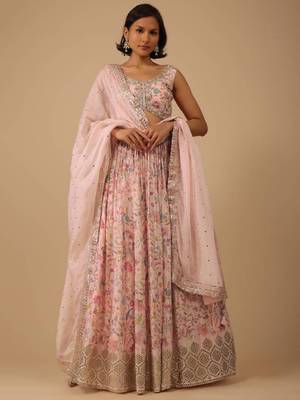 Alluring Peach Digital Print With Embroidered Organza Designer Indian Wedding Lehenga Choli Dress 1