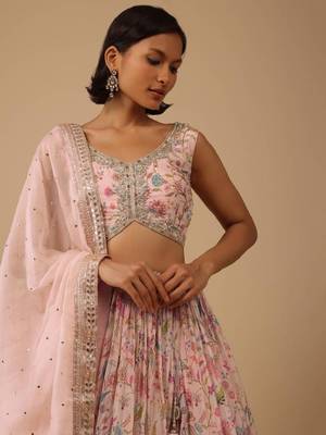 Alluring Peach Digital Print With Embroidered Organza Designer Indian Wedding Lehenga Choli Dress 2