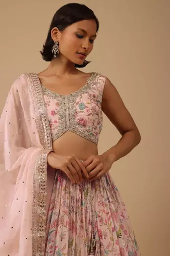 Alluring Peach Digital Print With Embroidered Organza Designer Indian Wedding Lehenga Choli Dress