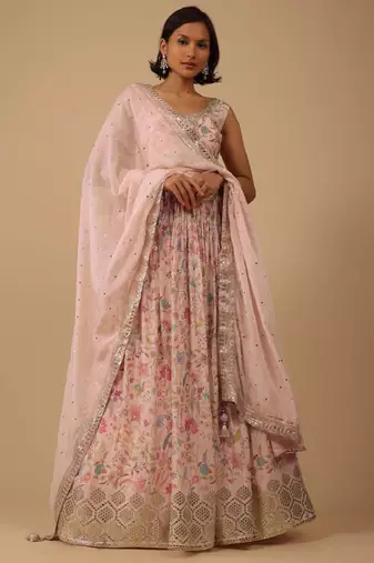 Alluring Peach Digital Print With Embroidered Organza Designer Indian Wedding Lehenga Choli Dress
