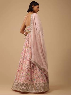 Alluring Peach Digital Print With Embroidered Organza Designer Indian Wedding Lehenga Choli Dress 4