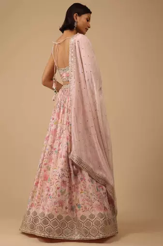 Alluring Peach Digital Print With Embroidered Organza Designer Indian Wedding Lehenga Choli Dress
