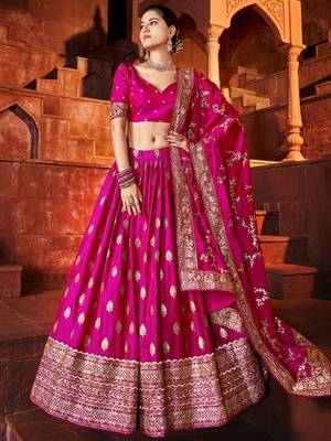 Marvelous Hot-Pink Thread & Sequins Embroidered Silk Indian Wedding Lehenga Choli 1