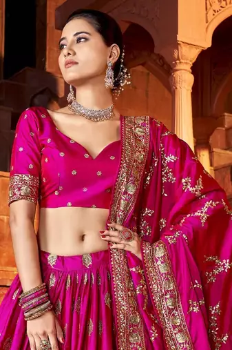 Marvelous Hot-Pink Thread & Sequins Embroidered Silk Indian Wedding Lehenga Choli