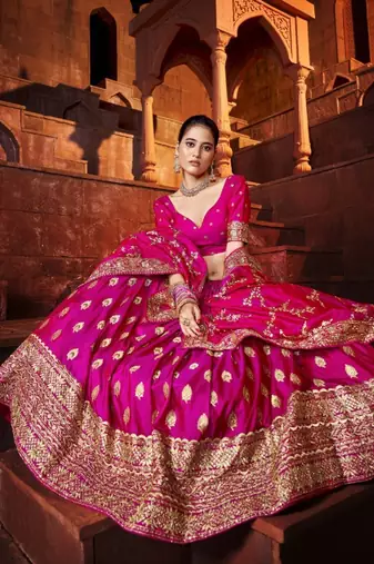 Marvelous Hot-Pink Thread & Sequins Embroidered Silk Indian Wedding Lehenga Choli