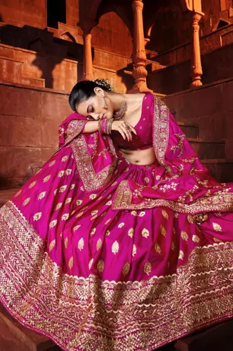 Marvelous Hot-Pink Thread & Sequins Embroidered Silk Indian Wedding Lehenga Choli