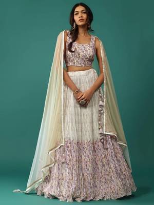  Off-White Digital Printed Georgette Indian Wedding Lehenga Dress 5