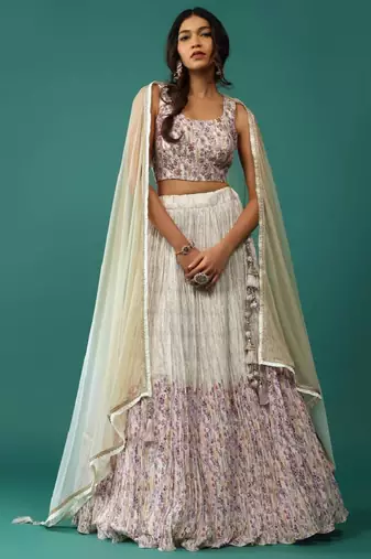  Off-White Digital Printed Georgette Indian Wedding Lehenga Dress