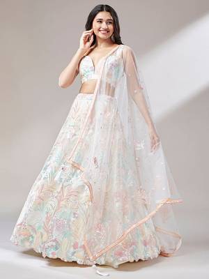 astounding off white sequins embroidered soft net indian wedding wear lehenga choli 1
