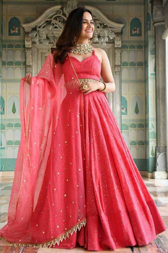 Wondrous Rose Pink Sequined Georgette Bridesmaid Lehenga Choli Wedding Lehenga