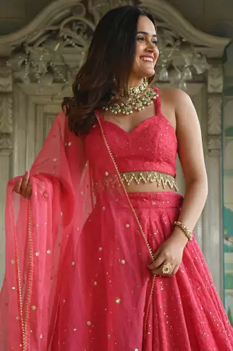Wondrous Rose Pink Sequined Georgette Bridesmaid Lehenga Choli Wedding Lehenga