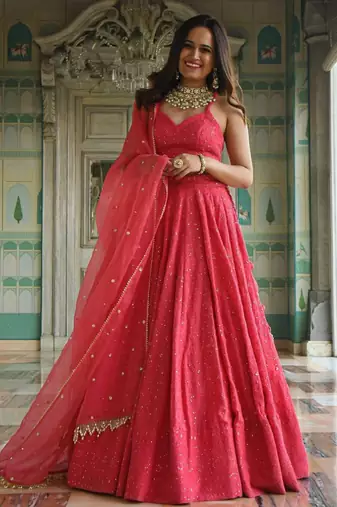 Wondrous Rose Pink Sequined Georgette Bridesmaid Lehenga Choli Wedding Lehenga