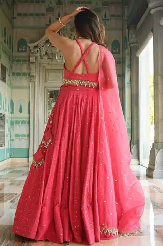 Wondrous Rose Pink Sequined Georgette Bridesmaid Lehenga Choli Wedding Lehenga