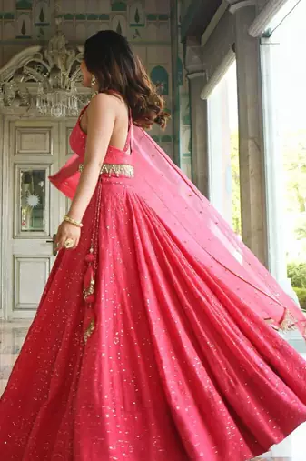Wondrous Rose Pink Sequined Georgette Bridesmaid Lehenga Choli Wedding Lehenga