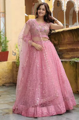 Adorable Pink Sequins Net Engagement Wear Lehenga Choli With Dupatta Wedding Lehenga