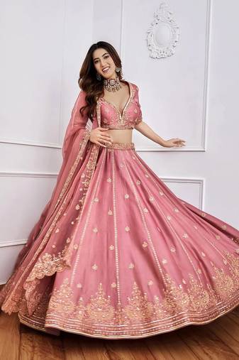 Alluring Pink Sequins Dori Embroidered Art Silk Designer Lehenga Choli With Dupatta Wedding Lehenga