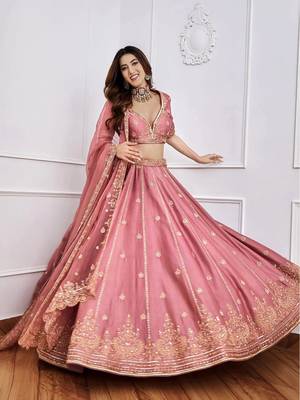 Alluring Pink Sequins Dori Embroidered Art Silk Designer Lehenga Choli With Dupatta Wedding Lehenga 1
