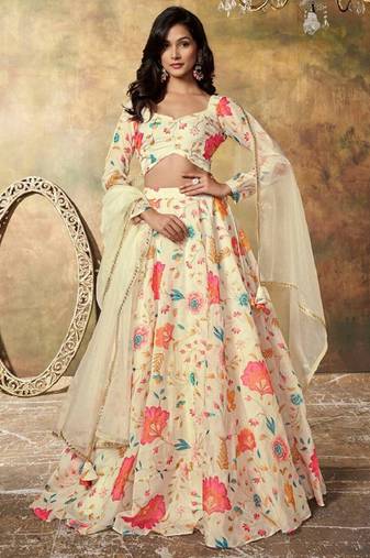 shocking beige print and dori organza event wear lehenga choli with dupatta wedding lehenga