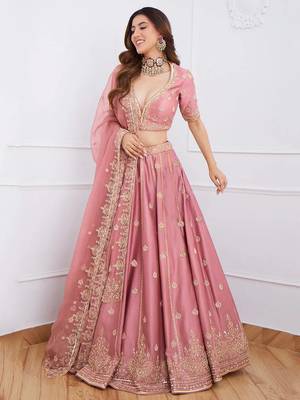 Alluring Pink Sequins Dori Embroidered Art Silk Designer Lehenga Choli With Dupatta Wedding Lehenga 4
