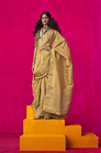 Mustard weaving tissue silk blend traditional saree