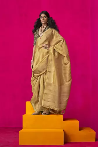Mustard weaving tissue silk blend traditional saree