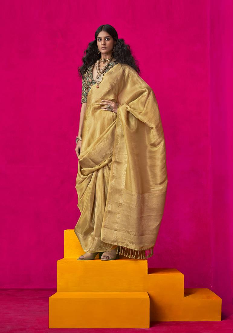 Mustard weaving tissue silk blend traditional saree