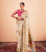 Cream weaving zari paithani silk blend saree