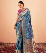 Blue weaving zari paithani silk blend saree